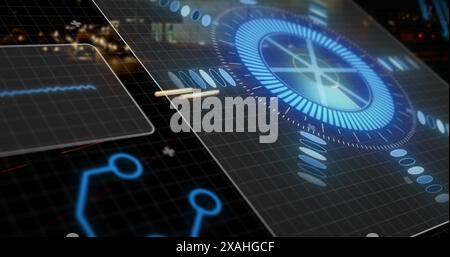 Image of processing circle over digital screen and road traffic, copy space Stock Photo