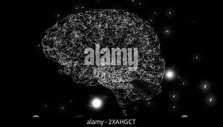 Human brain icon spinning against light trails moving in circular motion on black background Stock Photo