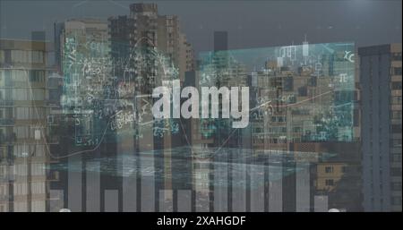 Image of data processing over screens and cityscape Stock Photo