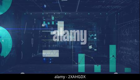 Image of data processing over screens on blue background Stock Photo