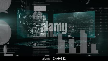 Image of data processing over screens on black background Stock Photo