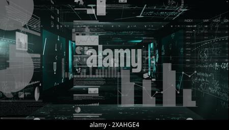 Image of data processing over screens on black background Stock Photo