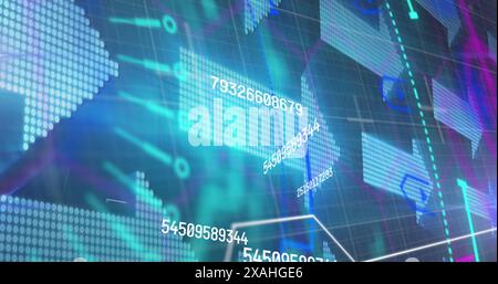 Image of processing circle over changing numbers and arrows on navy background, copy space Stock Photo