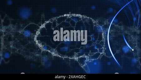 Digital waves over human brain icon against blue spots of light on blue background Stock Photo