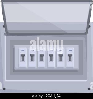 Open electrical panel showing circuit breakers for distributing and managing electricity in a residential or commercial building Stock Vector