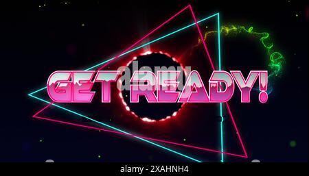 Image of get ready text over triangles over circles against wave pattern on abstract background Stock Photo