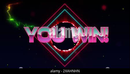 Image of you win text banner over colorful light trails and light spots against black background Stock Photo