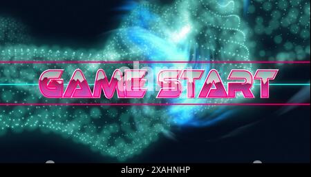 Image of game start text between lines over dots forming dynamic waves on black background Stock Photo