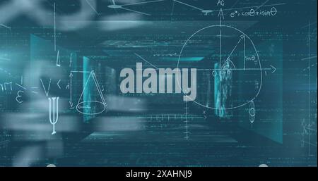 Image of mathematical equations floating over screens with data processing Stock Photo