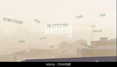 Image of multiple changing numbers floating against aerial view of cityscape Stock Photo
