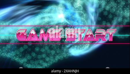 Image of game start text between lines over dots forming dynamic waves on black background Stock Photo