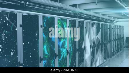 Image of interface with data processing and plexus networks against computer server room Stock Photo