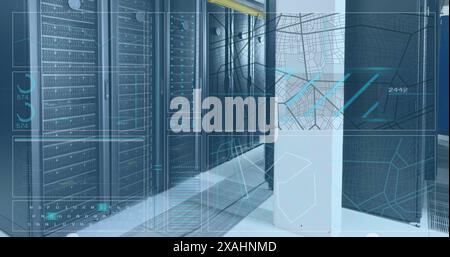 Image of interface with data processing against computer server room Stock Photo