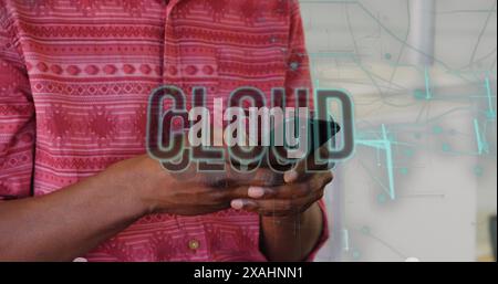 Image of cloud text banner and icon and light trails over mid section of a man using smartphone Stock Photo