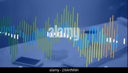 Image of data processing against close up of a office desk Stock Photo