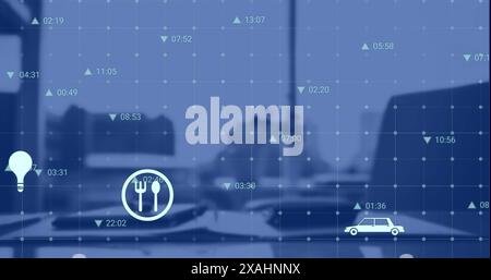 Image of multiple digital icons over grid network against office desk Stock Photo