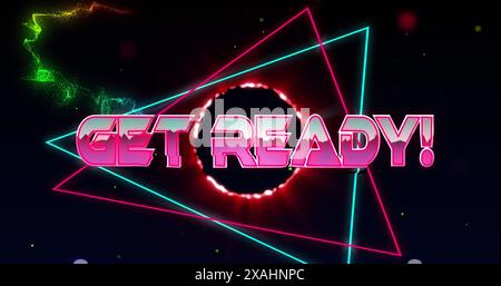 Image of get ready text over triangles over circles against wave pattern on abstract background Stock Photo
