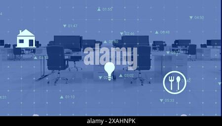 Image of digital icons and data processing over grid network against empty office Stock Photo