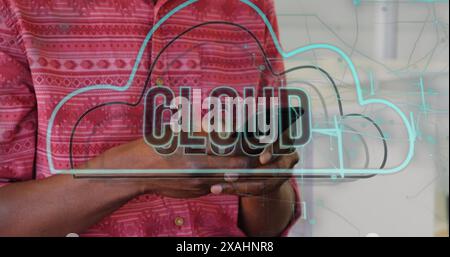 Image of cloud text banner and icon and light trails over mid section of a man using smartphone Stock Photo