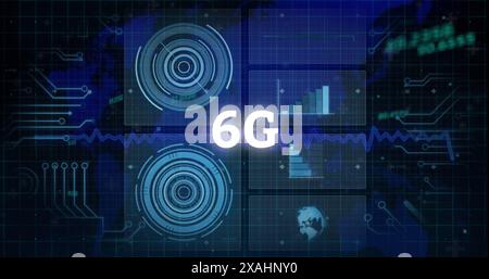 Image of 6g text banner over data processing and microprocessor connections against world map, copy Stock Photo