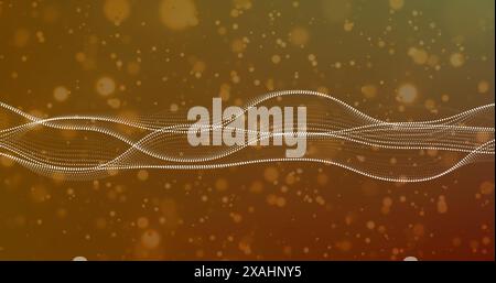 Image of digital wave and spots floating against yellow gradient background Stock Photo