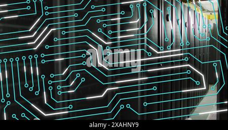 Image of circuit board over computer servers Stock Photo
