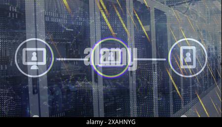 Image of icons connected with lines over falling abstract patterns against server racks Stock Photo