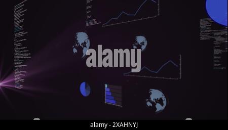 Image of data processing and purple light spot against black background Stock Photo