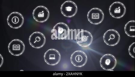 Image of multiple digital icons over rainbow lens flare against purple background Stock Photo