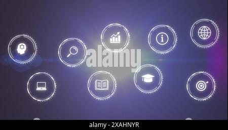 Image of multiple digital icons over bright light spot against purple background Stock Photo
