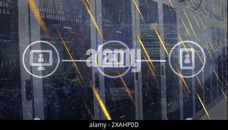 Image of icons connected with lines over falling abstract patterns against server racks Stock Photo