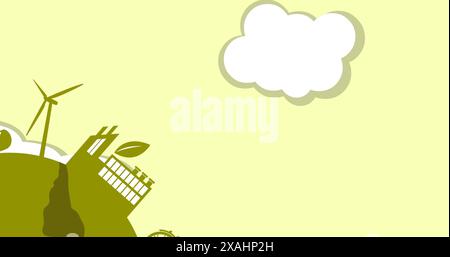 Image of green lightbulb and globe over cloud on yellow background Stock Photo