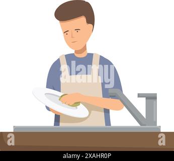 House husband washing dishes in the kitchen sink, doing housework and chores Stock Vector