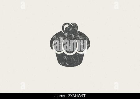 Silhouette of retro emblem of delicious cupcake with cream as symbol for bakery hand drawn stamp effect vector illustration. Vintage grunge texture fo Stock Vector