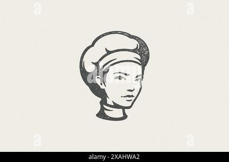 Black silhouette of head of woman in traditional chef cap work in kitchen hand drawn stamp effect vector illustration. Vintage grunge texture for pack Stock Vector