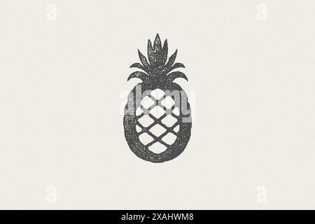 Tropical pineapple silhouette for designs with healthy and organic food hand drawn stamp effect vector illustration. Vintage grunge texture emblem for Stock Vector