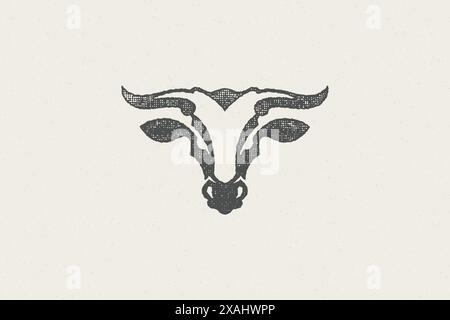 Bull head silhouette with large horns for animal husbandry industry hand drawn stamp vector illustration. Vintage grunge texture emblem for butchery p Stock Vector