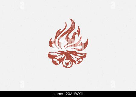 Red silhouette of hot campfire burning on logs on campsite hand drawn stamp effect vector illustration. Vintage grunge texture on old paper for poster Stock Vector