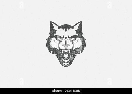 Angry wolf head growling as symbol strength wildlife hand drawn stamp effect vector illustration. Vintage grunge texture on old paper for poster or la Stock Vector