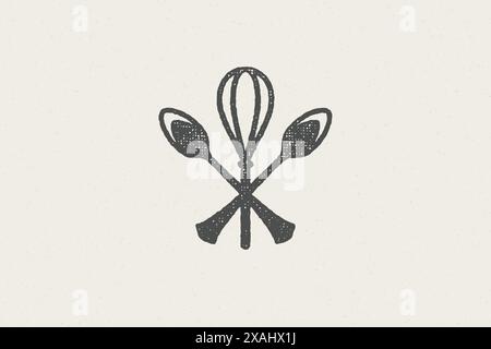 Silhouette of spoons and whisk crossed together symbol for cooking hand drawn stamp effect vector illustration. Vintage grunge texture for packaging a Stock Vector