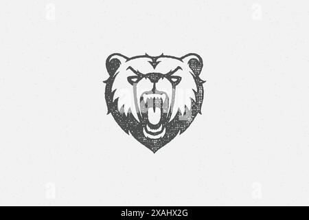 Head angry bear roaring as symbol power wildlife hand drawn stamp effect vector illustration. Vintage grunge texture on old paper for poster or label Stock Vector