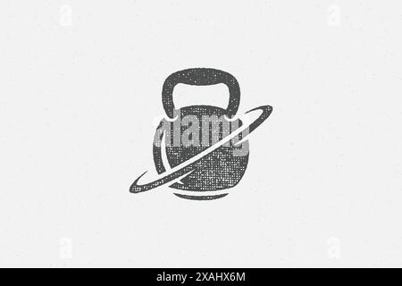 Heavy kettlebell silhouette as symbol of weightlifting workout hand drawn stamp vector illustration. Grunge texture on old paper for poster or label d Stock Vector