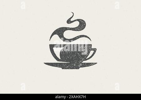 Silhouette cup hot aromatic drink with whiff of steam as coffee house logo hand drawn stamp effect vector illustration. Vintage grunge texture for pac Stock Vector