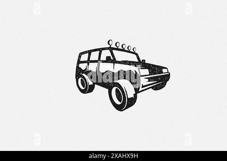 Black silhouette of off road car designed as symbol of travel through nature hand drawn stamp effect vector illustration. Vintage grunge texture on ol Stock Vector