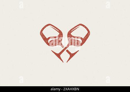 Crossed glasses with wine silhouettes hand drawn stamp effect vector illustration. Vintage grunge texture emblem for package and menu design or label Stock Vector