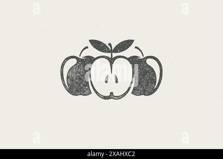 Whole and halved fresh apples silhouettes for healthy and organic food logo hand drawn stamp effect vector illustration. Vintage grunge texture emblem Stock Vector