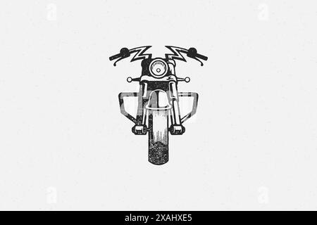 Chopper motorcycle silhouette front view hand drawn ink stamp vector illustration. Classic vintage motorbike emblem grunge texture effect for poster o Stock Vector