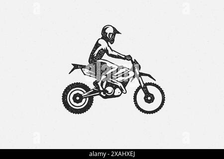 Man rider on motocross motorcycle silhouette hand drawn ink stamp vector illustration. Male wearing racing suit and helmet ride on motorbike emblem gr Stock Vector