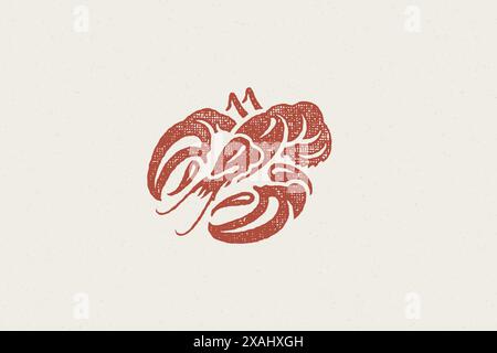 Lobster silhouette for seafood restaurant menu and logo hand drawn stamp effect vector illustration. Vintage grunge texture emblem for package and men Stock Vector