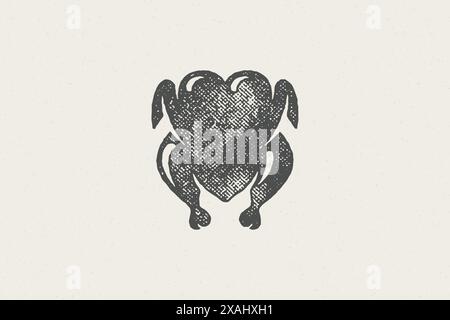 Whole roasted grilled chicken silhouette hand drawn stamp effect vector illustration. Vintage grunge texture symbol for package and fast food restaura Stock Vector